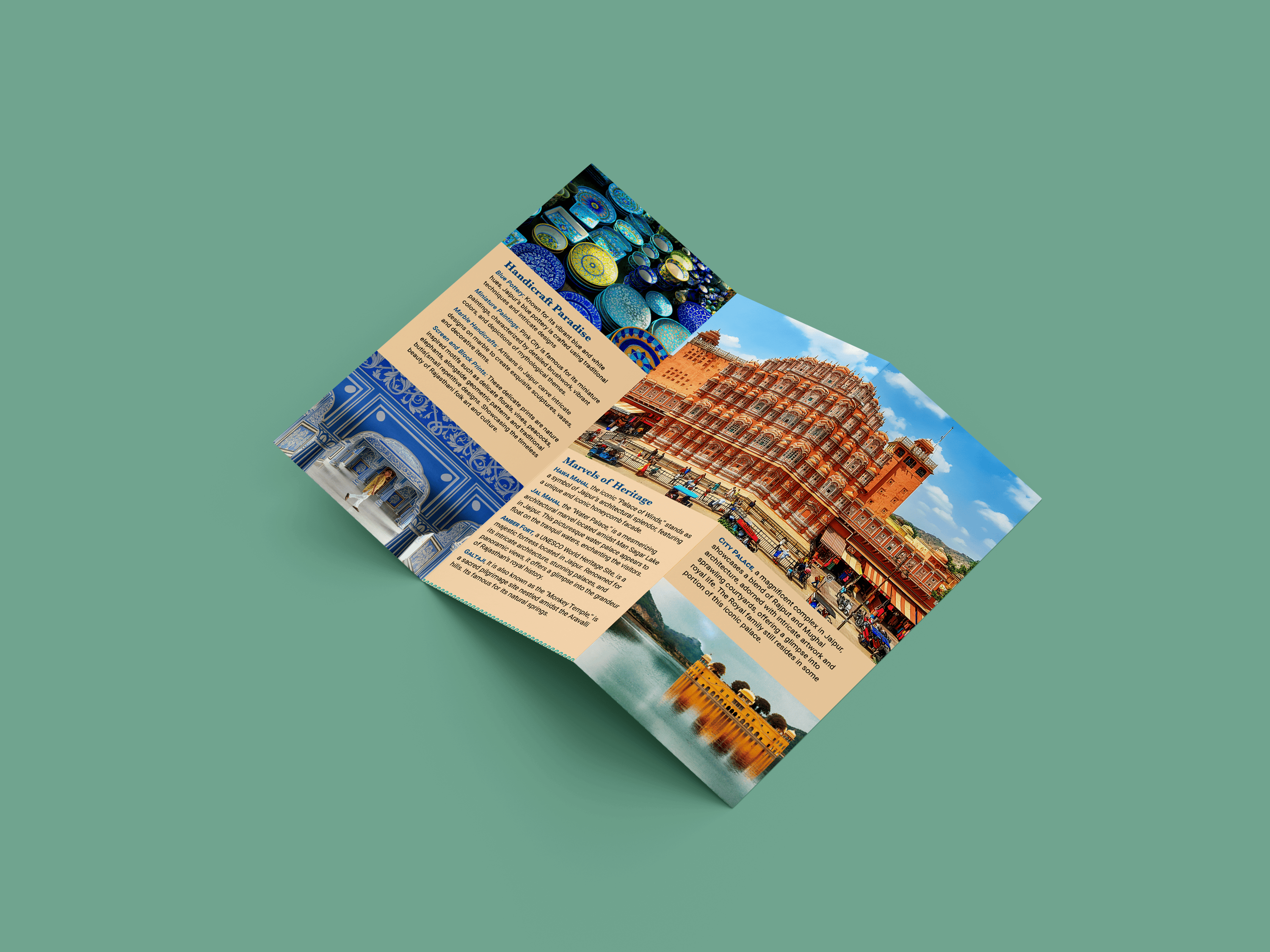 Interior spread of Jaipur tourism brochure featuring imagery and typography layout