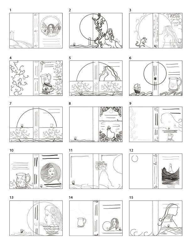 Full spread layout sketches for Tress publication