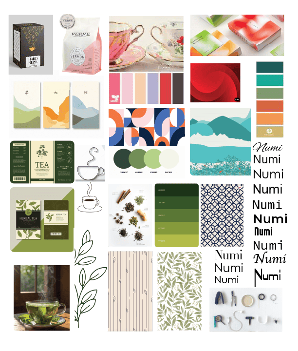 Mood board with botanical textures, earthy color swatches, paper fibers, and typographic references for Numi tea